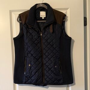 Dark Blue Quilted Vest with Brown Suede Details